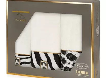 Komplet ręczników EVA 22 Eva Minge kremowe z drukowaną bordiurą z wzorem zwierzęcym panterki