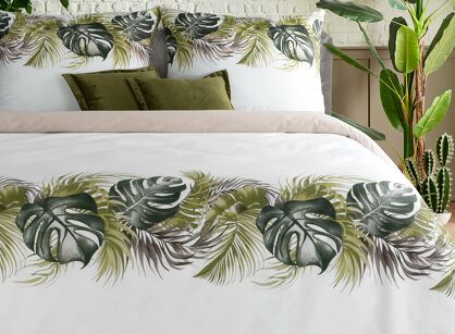Pościel bawełniana 140x200 AMBER biała oliwkowa z wzorem egzotycznych liści z kolekcji Classic Family