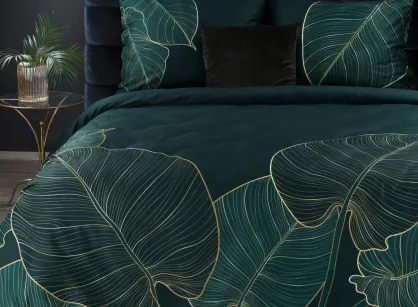 Pościel z makosatyny 180x200 PREMIUM 5 ciemna zieleń z wzorem liści lilii wodnej z kolekcji Premium