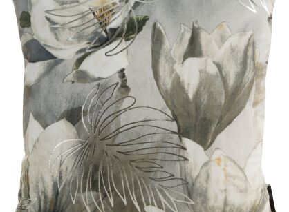 Poszewka welwetowa 40x40 SANDY stalowa w kwiaty magnolii ze srebrnym nadrukiem liści