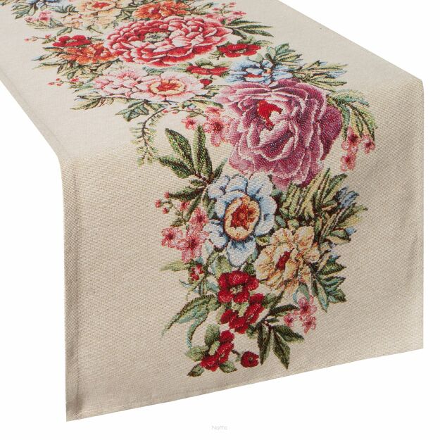 Bieżnik gobelinowy 45x140 GRIA naturalny różowy z nadrukiem kwiatów piwonii