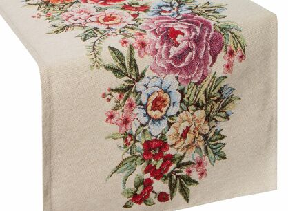 Bieżnik gobelinowy 45x140 GRIA naturalny różowy z nadrukiem kwiatów piwonii