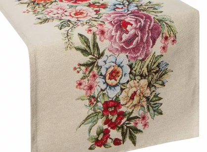 Bieżnik gobelinowy 45x140 GRIA naturalny różowy z nadrukiem kwiatów piwonii