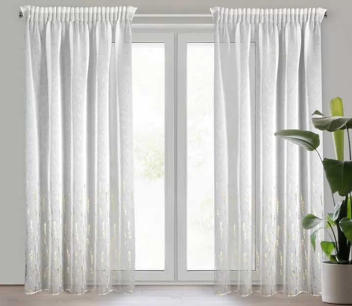 Firana na taśmie 140x270 LINZI biała w stylu eko z błyszczącym szampańskim wzorem