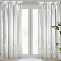 Firana na taśmie 140x270 LINZI biała w stylu eko z błyszczącym szampańskim wzorem