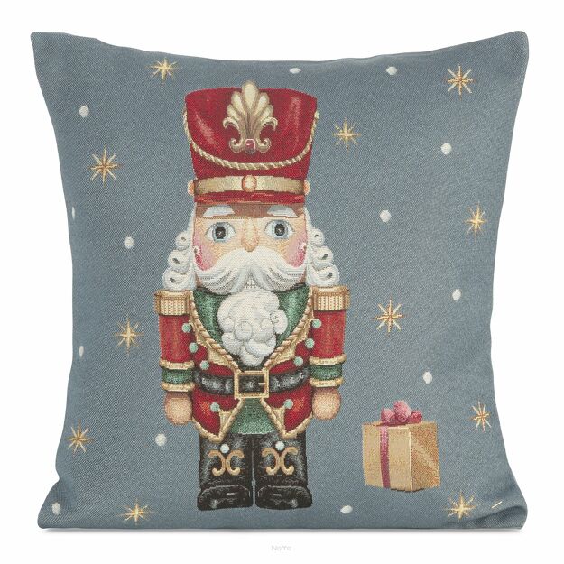 Poszewka świąteczna 45x45 6081 gobelinowa popielata z wzorem dziadka do orzechów