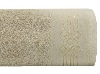 Ręcznik bawełniany 70x140 KAMELA beżowy z bordiurą z geometrycznym srebrnym ornamentem