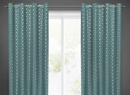 Zasłona na przelotkach 140x250 CUBE ciemny turkus z geometrycznym srebrnym nadrukiem