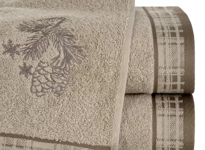 Ręcznik świąteczny 70x140 HOLLY 2 beżowy z żakardową bordiurą z wyhaftowanymi gałązkami