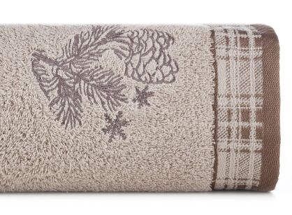 Ręcznik świąteczny 70x140 HOLLY 2 beżowy z żakardową bordiurą z wyhaftowanymi gałązkami