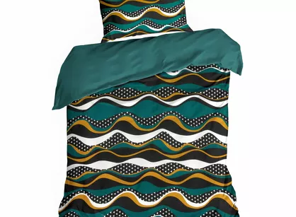 Pościel satynowa 140x200 NIKA 50 morska z musztardowym falującym wzorem z kolekcji Nova Print