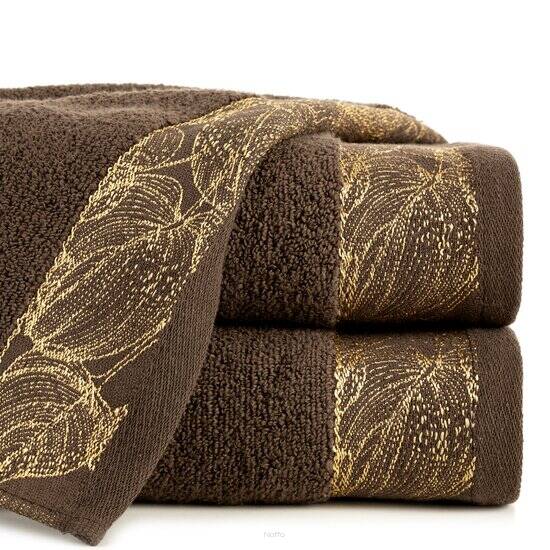 Ręcznik bawełniany 50x90 AGIS brązowy puszysty z żakardową bordiurą liści lilii wodnej