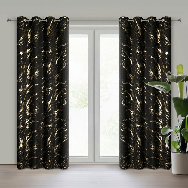 Zasłona na przelotkach 140x250 LANI czarna z mikrofibry z błyszczącym złotym nadrukiem marmurku