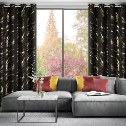 Zasłona gotowa na przelotkach 140x250 LANI czarna z mikrofibry z błyszczącym złotym nadrukiem marmurku