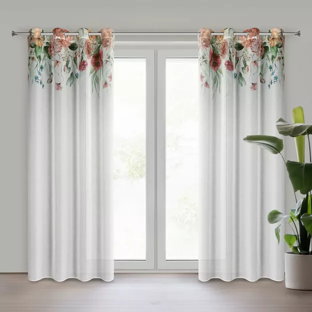 Zasłona na przelotkach 140x250 RISA biała z etaminy drukowana wzorem ciemno różowych polnych kwiatów