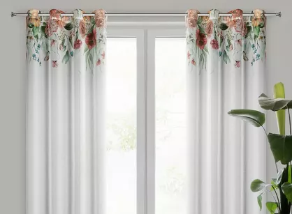 Zasłona na przelotkach 140x250 RISA biała z etaminy drukowana wzorem ciemno różowych polnych kwiatów