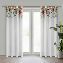 Zasłona gotowa na przelotkach 140x250 RISA biała z etaminy drukowana wzorem ciemno różowych polnych kwiatów