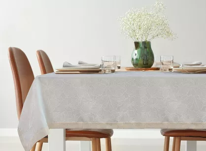 Obrus 145x400 LILIAN kremowy wzór roślinny z nicią złotą wykończony listwą