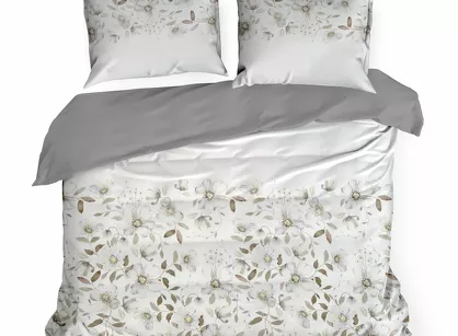 Pościel satynowa 220x200 SPRING 106 biała w popielaty wzór kwiatów