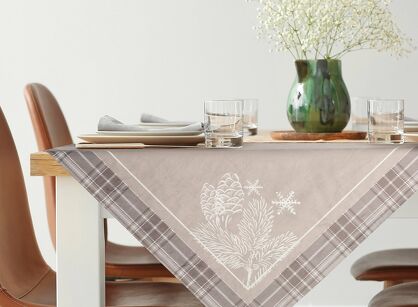 Nakładka świąteczna 85x85 HOLLY welwetowa beżowa w kratkę z nadrukiem gałązek