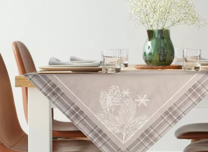 Nakładka świąteczna 85x85 HOLLY welwetowa beżowa w kratkę z nadrukiem gałązek