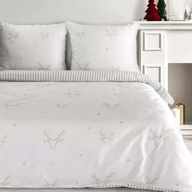 Pościel świąteczna 160x200 BOSQUE biała beżowa renifery z satyny bawełnianej