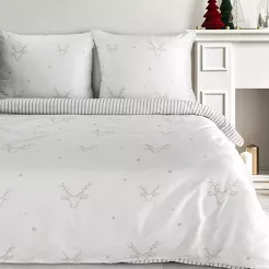 Pościel świąteczna 160x200 BOSQUE biała beżowa renifery z satyny bawełnianej