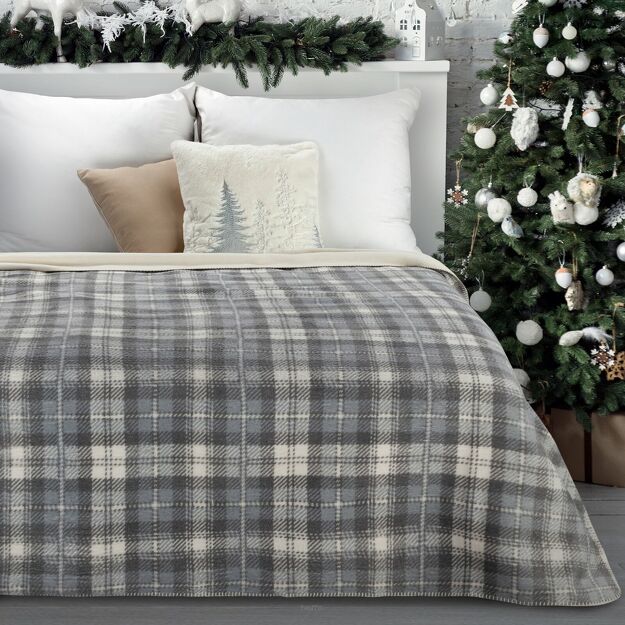 Koc świąteczny 200x220 SANTA 2 szary kremowy bawełniany w kratę