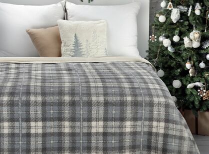 Koc świąteczny 200x220 SANTA 2 szary kremowy bawełniany w kratę