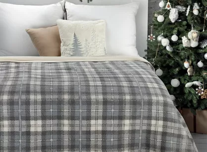 Koc świąteczny 200x220 SANTA 2 szary kremowy bawełniany w kratę