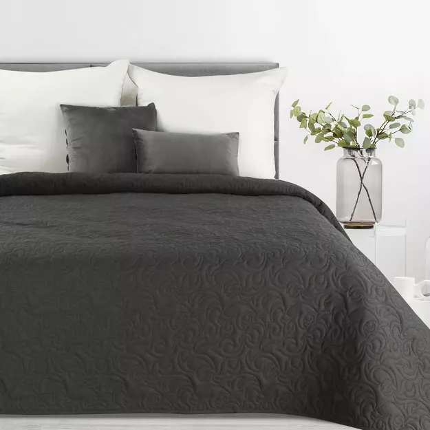 Narzuta jednokolorowa 200x220 LEN 4 grafitowa pikowana w ornamentowy wzór imitująca len