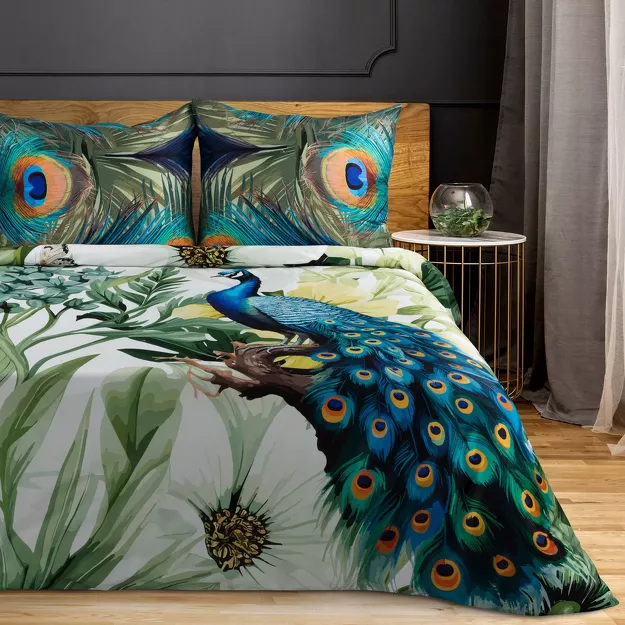 Pościel z makosatyny 160x200 PAVO zielona paw egzotyczny wzór z kolekcji Premium
