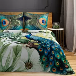 Pościel z makosatyny 160x200 PAVO zielona paw egzotyczny wzór z kolekcji Premium