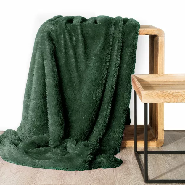 Koc futrzany 150x200 TIFFANY ciemna zieleń ze srebrną nitką Design 91