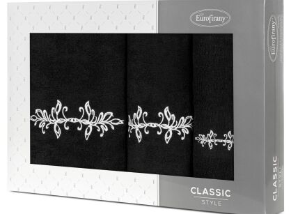 Komplet ręczników 3 szt. KAMELIA czarne z haftowanym białym wzorem delikatnych listków w kartonowym pudełku
