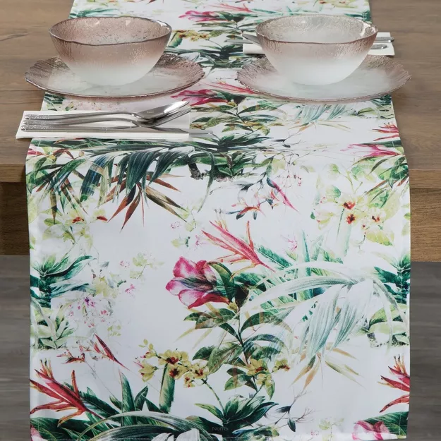 Bieżnik na taras 40x140 GARDEN 31 biały wodoodporny zielony motyw kwiatowy