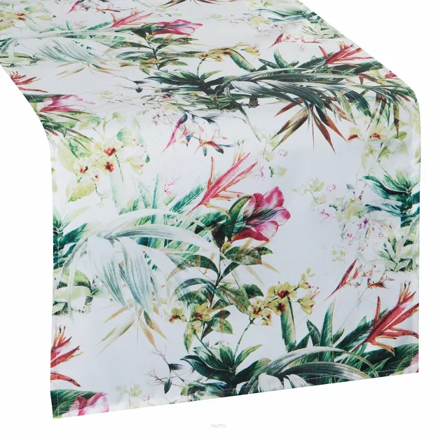 Bieżnik na taras 40x140 GARDEN 31 biały wodoodporny zielony motyw kwiatowy