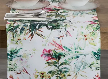 Bieżnik na taras 40x140 GARDEN 31 biały wodoodporny zielony motyw kwiatowy