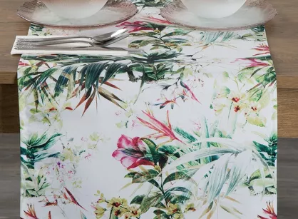 Bieżnik na taras 40x140 GARDEN 31 biały wodoodporny zielony motyw kwiatowy