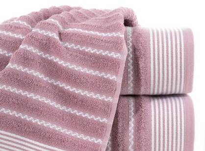 Ręcznik bawełniany 50x90 LEO liliowy z wyrazistą bordiurą w pasy Design 91