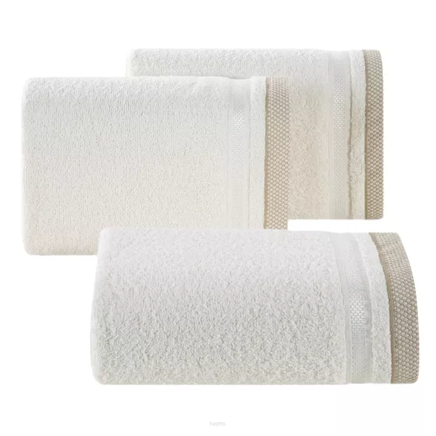 Ręcznik 100x150 ABBIE kremowy  z żakardową błyszczącą bordiurą w pasy z delikatną krateczką 500 g/m2