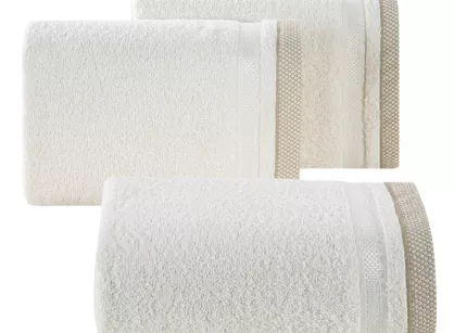 Ręcznik 100x150 ABBIE kremowy  z żakardową błyszczącą bordiurą w pasy z delikatną krateczką 500 g/m2