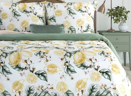 Pościel satynowa 140x200 SPRING 91 biała ciemna zieleń z wzorem cytryn z kolekcji Classic