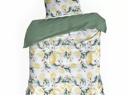 Pościel satynowa 140x200 SPRING 91 biała ciemna zieleń z wzorem cytryn z kolekcji Classic