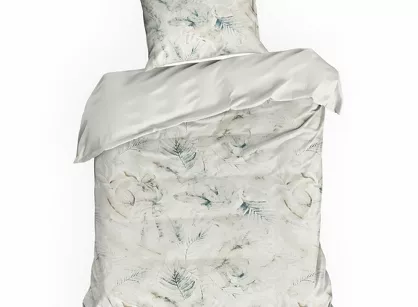 Pościel satynowa 140x200 SPRING 82 beżowa z wzorem ciemnoturkusowych liści z kolekcji Classic