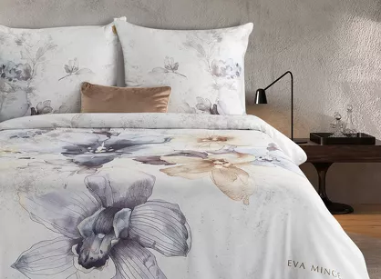 Pościel z makosatyny 160x200 DARIA Eva Minge biała szara wzór botaniczny Premium
