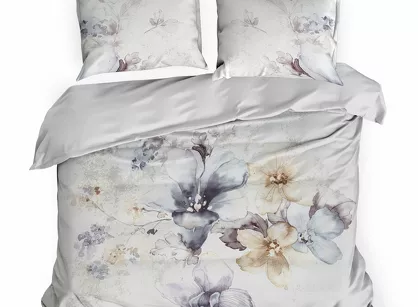 Pościel z makosatyny 160x200 DARIA Eva Minge biała szara wzór botaniczny Premium