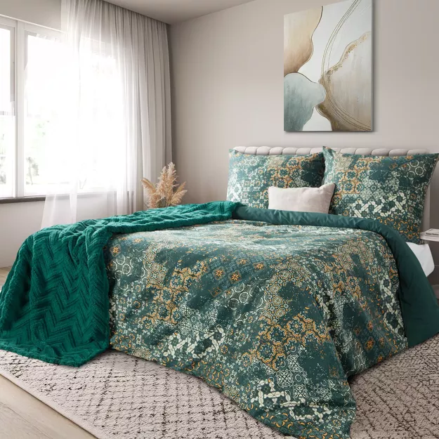 Pościel satynowa 160x200 SPRING 69 ciemna zieleń beż z nadrukiem mozaiki z kolekcji  Satin