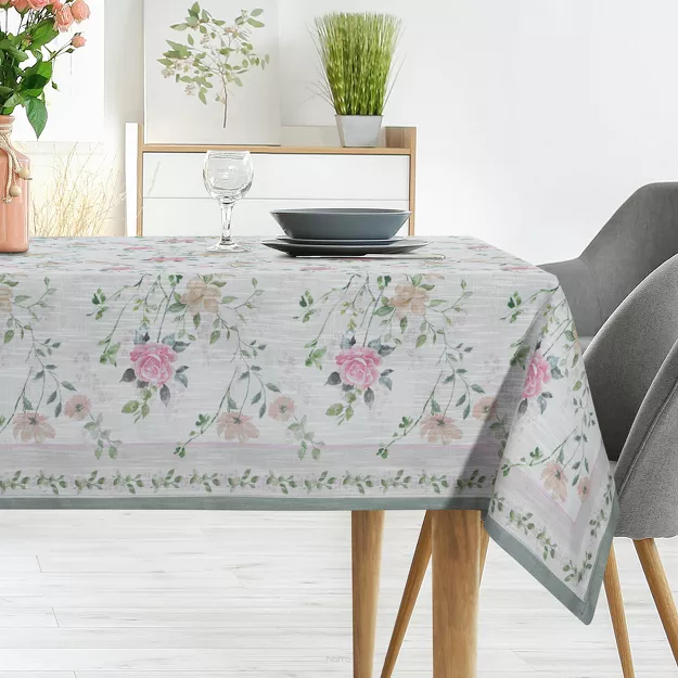 Obrus 140x220 SUMMER 7 miętowy z nadrukowanym wzorem delikatnych kwiatków