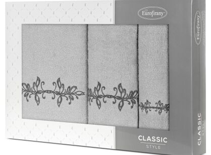 Komplet ręczników 3 szt. KAMELIA srebrne z haftowanym grafitowym wzorem delikatnych listków w kartonowym pudełku